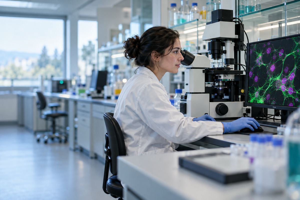 A researcher at a fluorescence microscope, the cells on the screen beside her