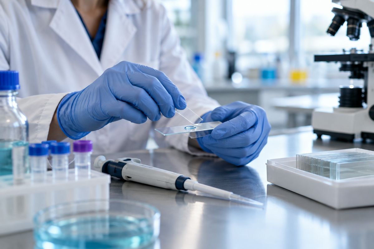Gloved hands placing a coverslip on a glass slide at a lab bench
