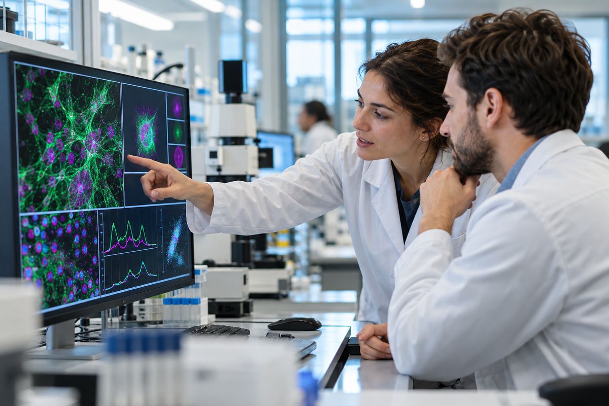 Two researchers reviewing fluorescence images and intensity plots on a monitor
